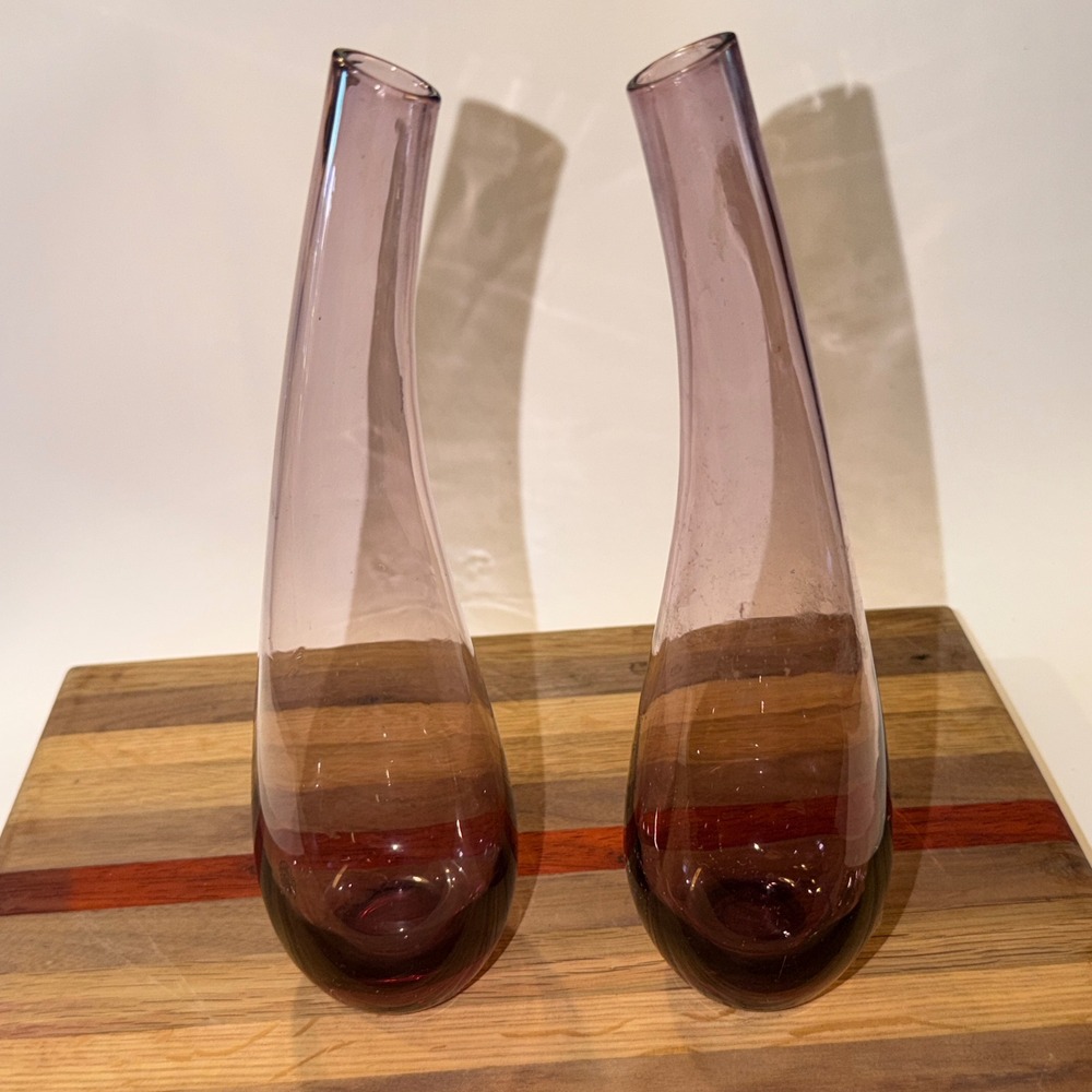 Handmade Glass Bud Vases Set of 2 Purple Amethyst Good Organic Curved MCM Art